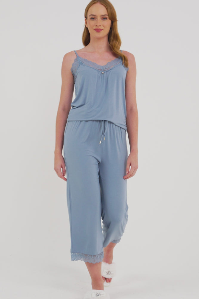 Bamboo Lace Cami Cropped Trouser Pyjama Set in Blue Mist