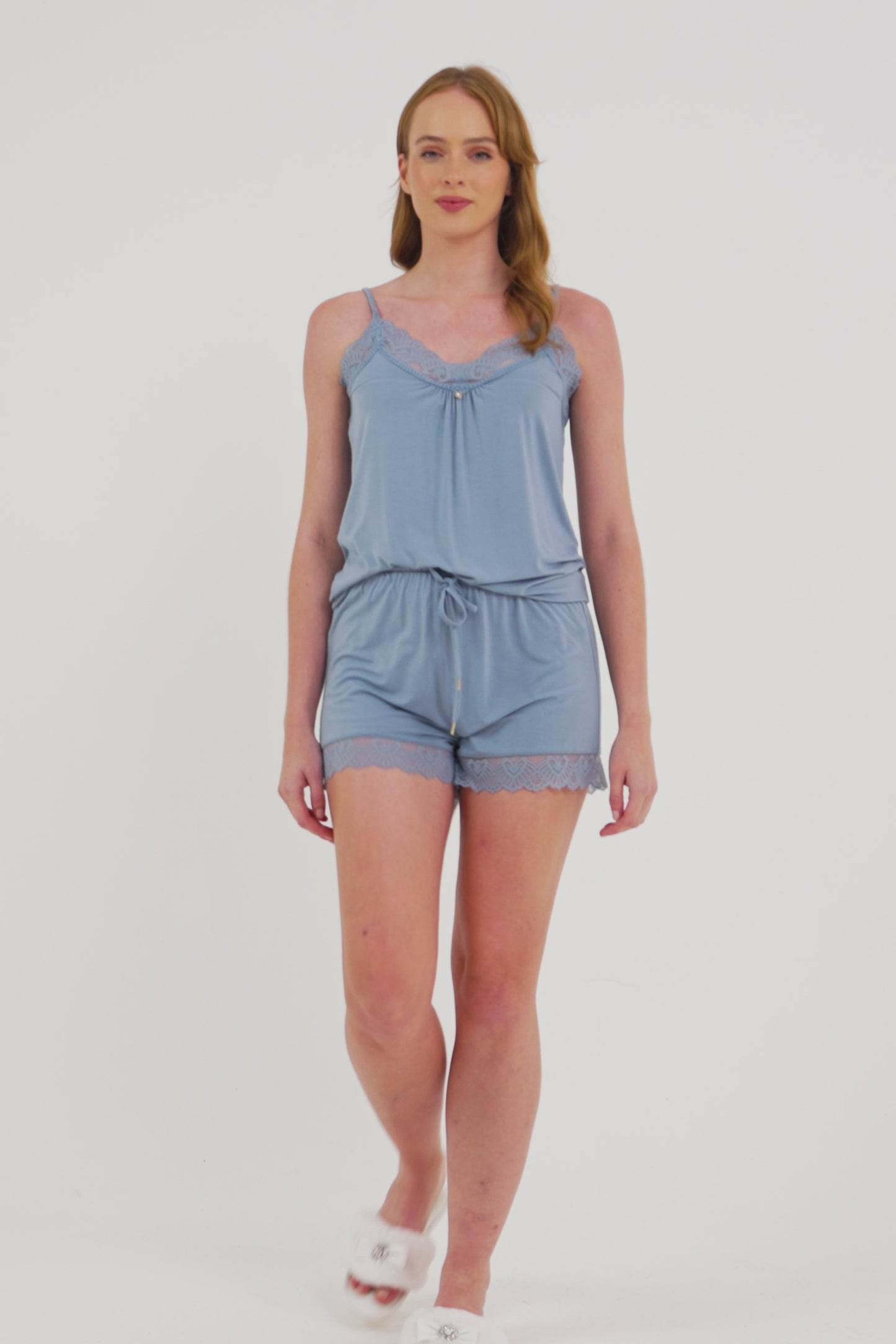 
                  
                    Load and play video in Gallery viewer, Bamboo Lace Cami Short Pyjama Set in Blue Mist
                  
                