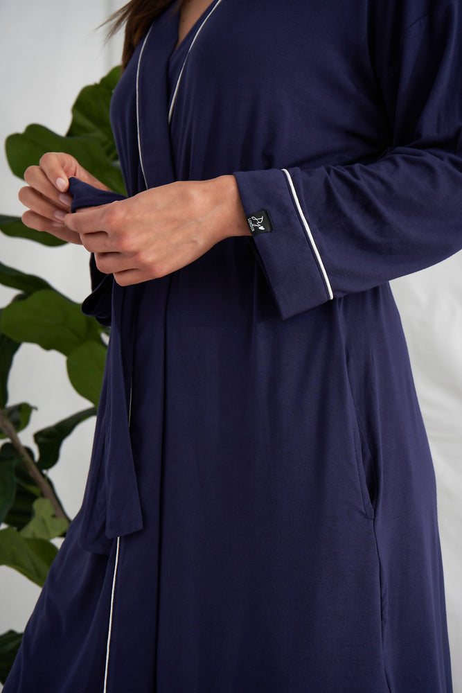 
                  
                    Women's Bamboo Kimono Robe in Midnight Blue with functional tie and deep pockets from Pretty You London
                  
                