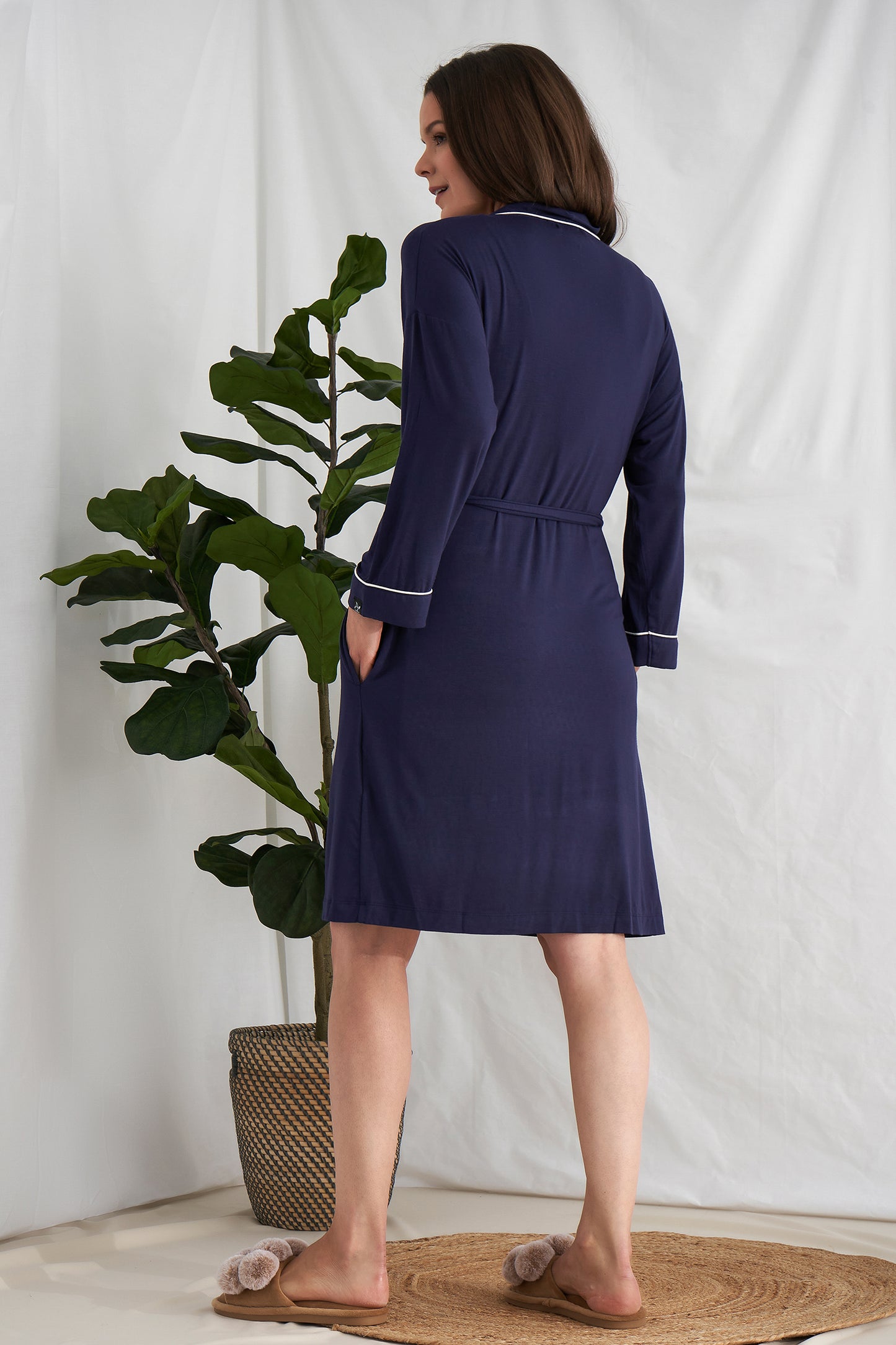 
                  
                    Women's Bamboo Kimono Robe in Midnight Blue with functional tie and deep pockets from Pretty You London
                  
                