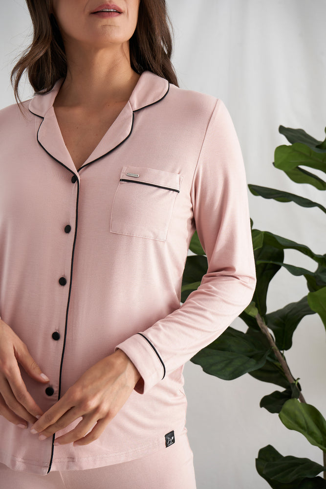 
                  
                    Women's Bamboo Long Pyjama Set in Pink with revere collar and contrast colour piping from Pretty You London
                  
                