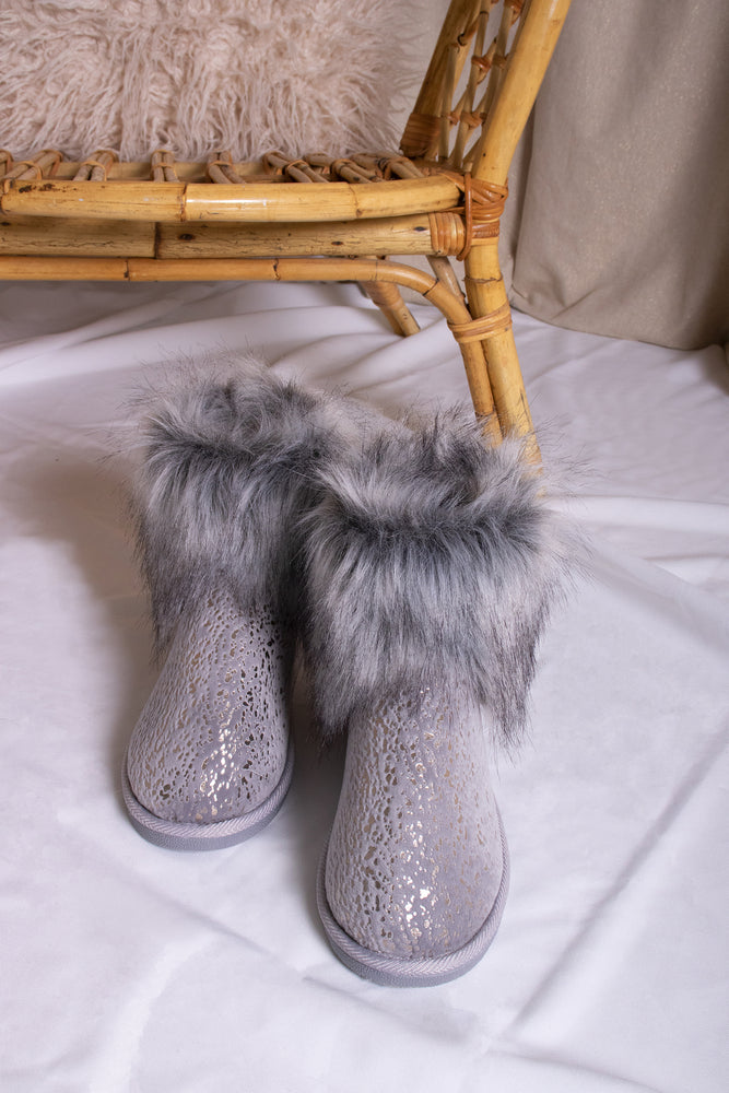 
                  
                    Giselle women's ankle boot slippers in grey with a faux fur lining and tonal foil detail from Pretty You London
                  
                