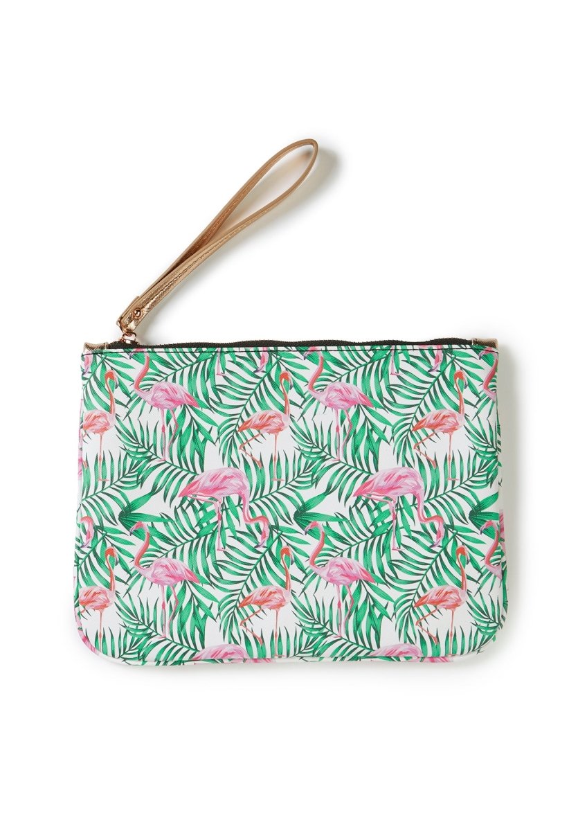 Flamingo Printed Slide and Clutch Set - Sandals