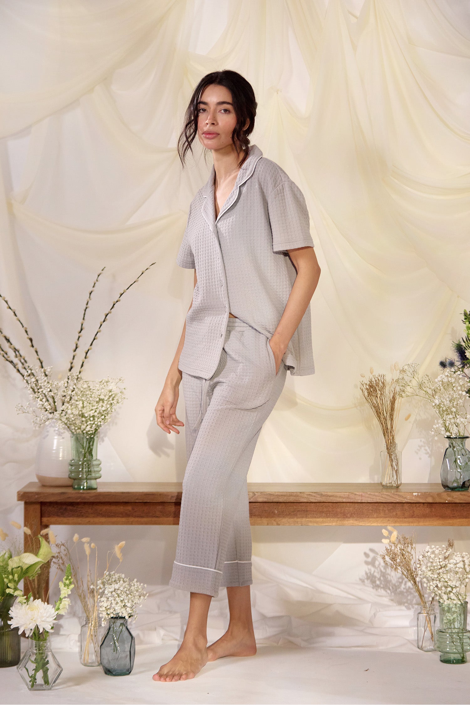 Luxury Suite Waffle Short Shirt Trouser Set in Gray