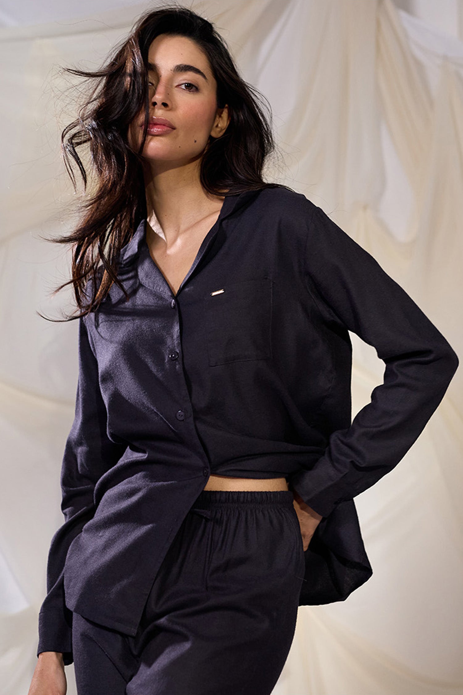 Cotton Modal Long Pyjama Set in Raven