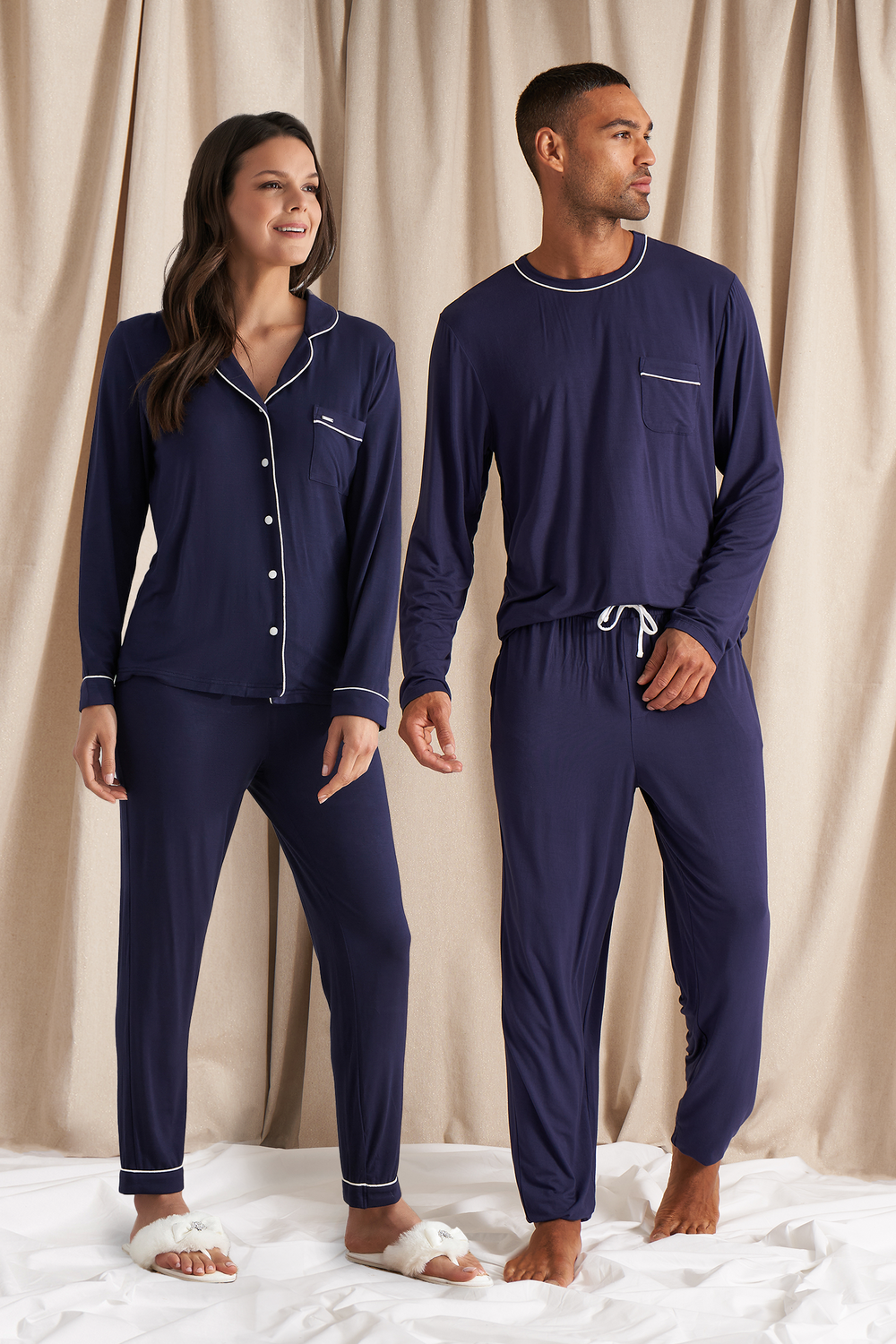 His and Hers Bamboo Pyjama Sets in Midnight