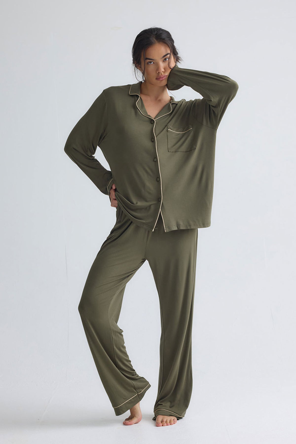 Bamboo New Classic Long Pyjama Set In Olive