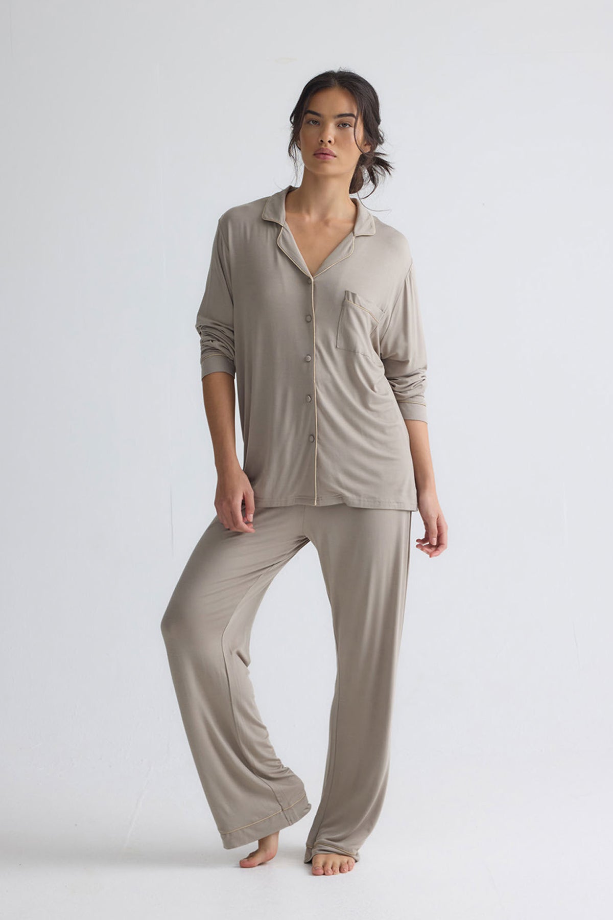 Bamboo New Classic Long Pyjama Set In Twig