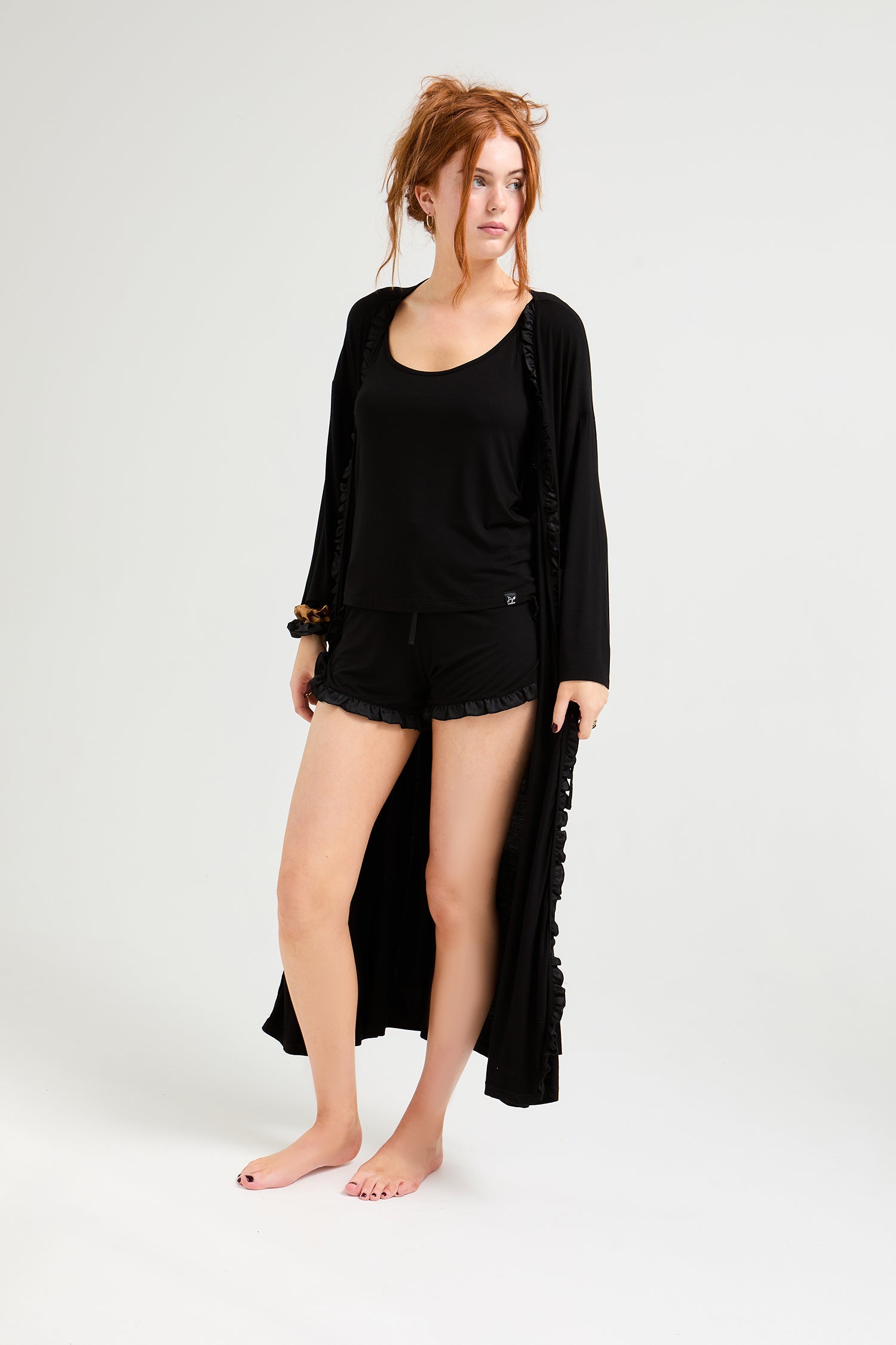 Bamboo Frill Cami Short Pyjama Set in Black