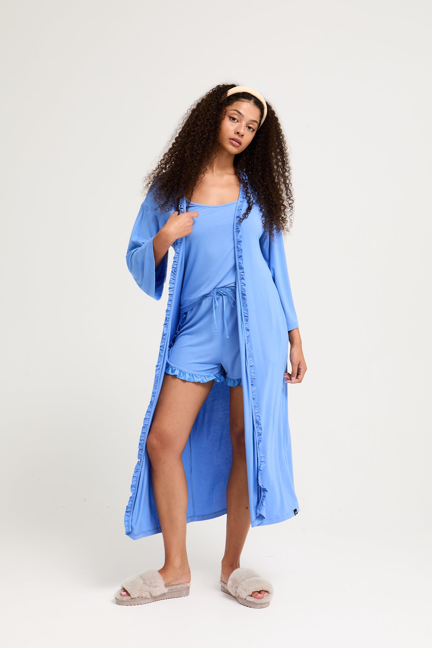 Bamboo Frill Cami Short Pyjama Set in Cornflower Blue