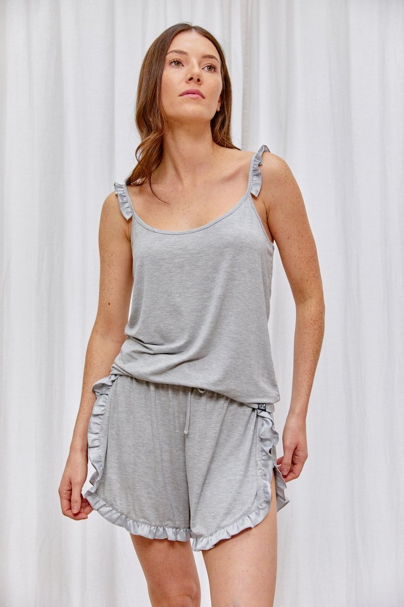 Bamboo Frill Cami Short Pyjama Set in Grey MarlNightwear