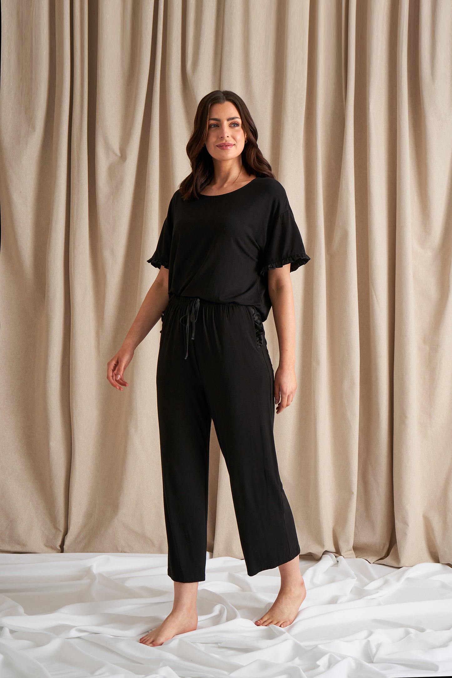 
                  
                    Bamboo Frill Tee Trouser Set in Black
                  
                
