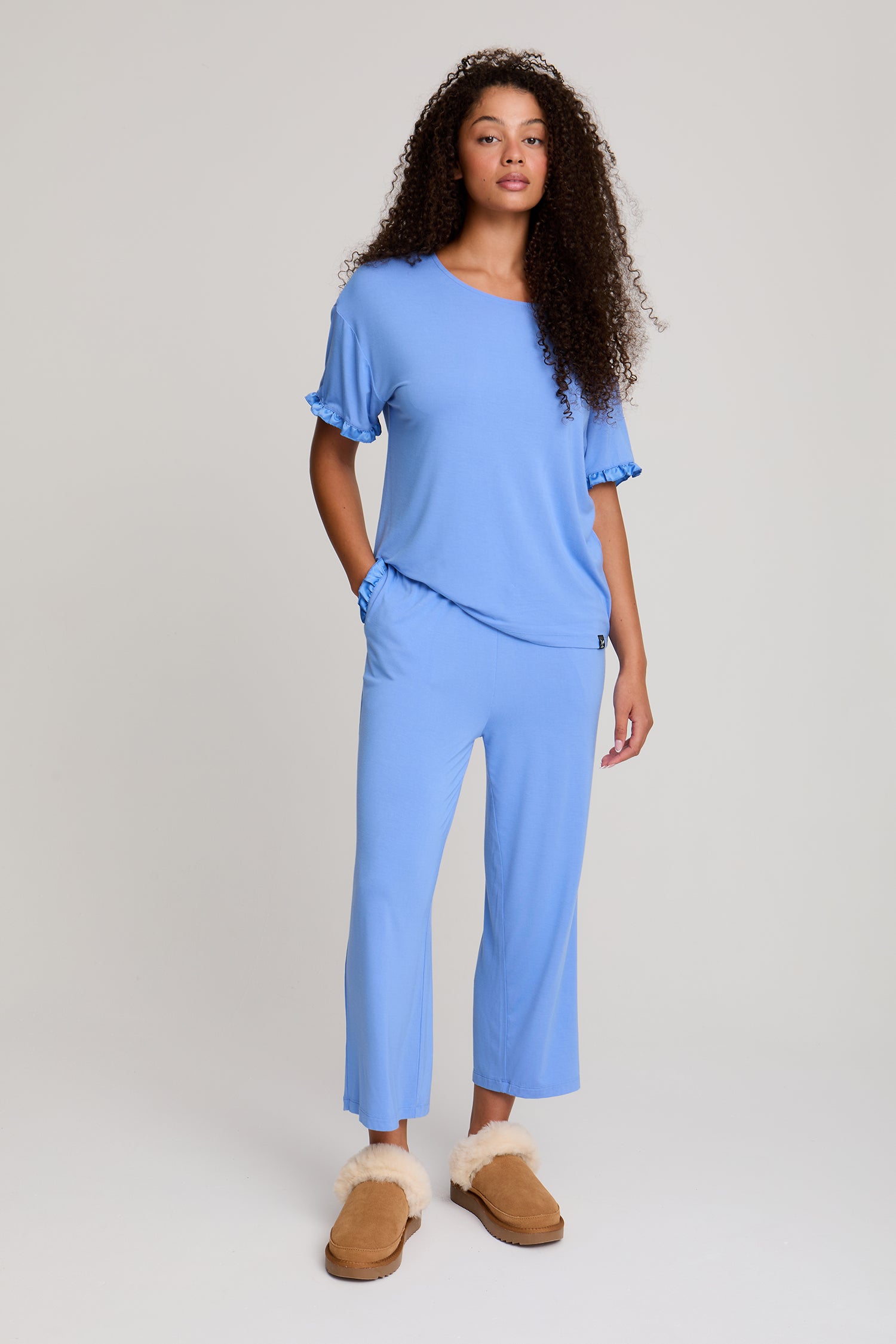 Bamboo Frill Tee Trouser Set in Cornflower Blue