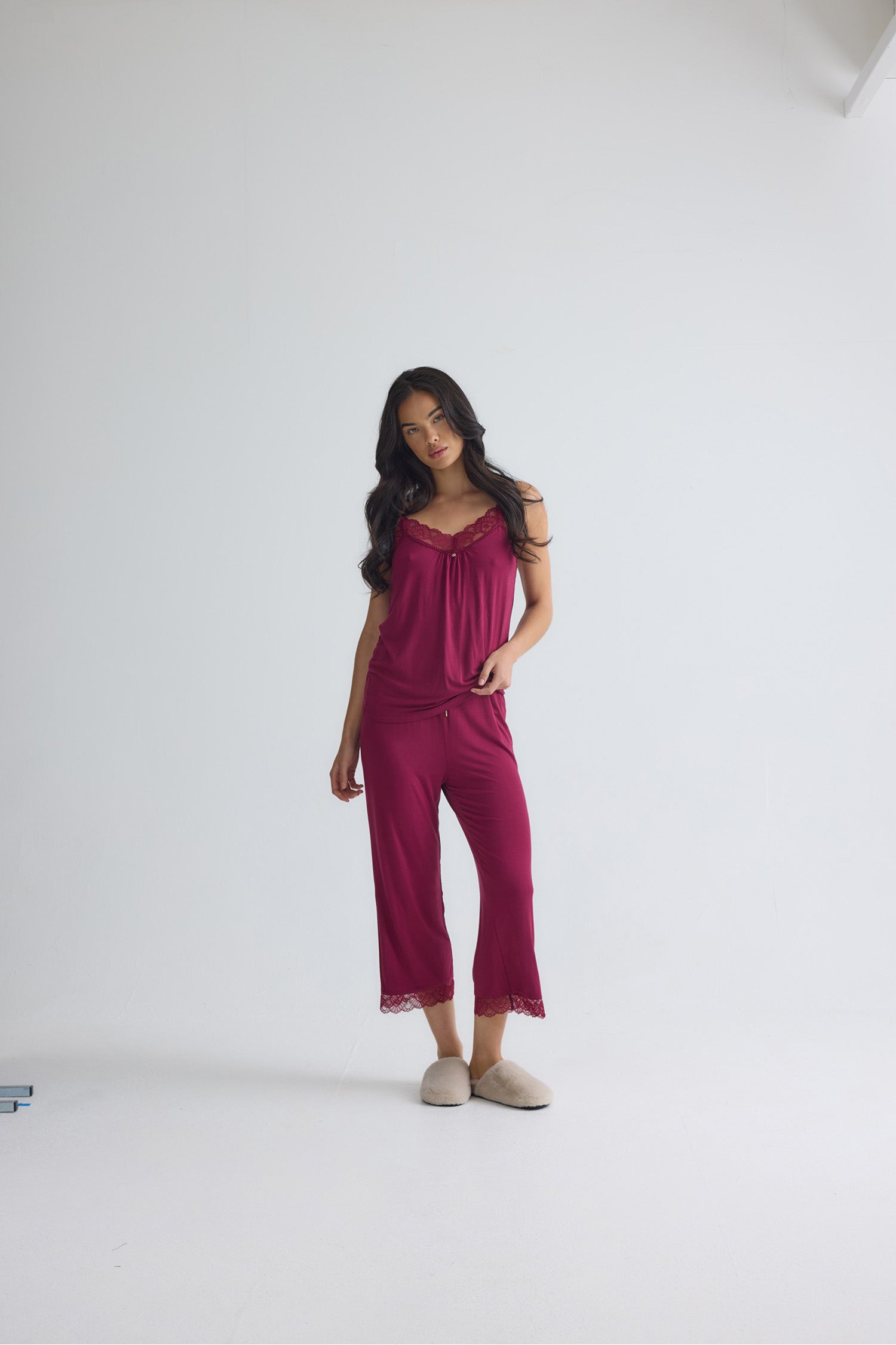 Bamboo Lace Cami Cropped Trouser Pyjama Set in Bordeaux