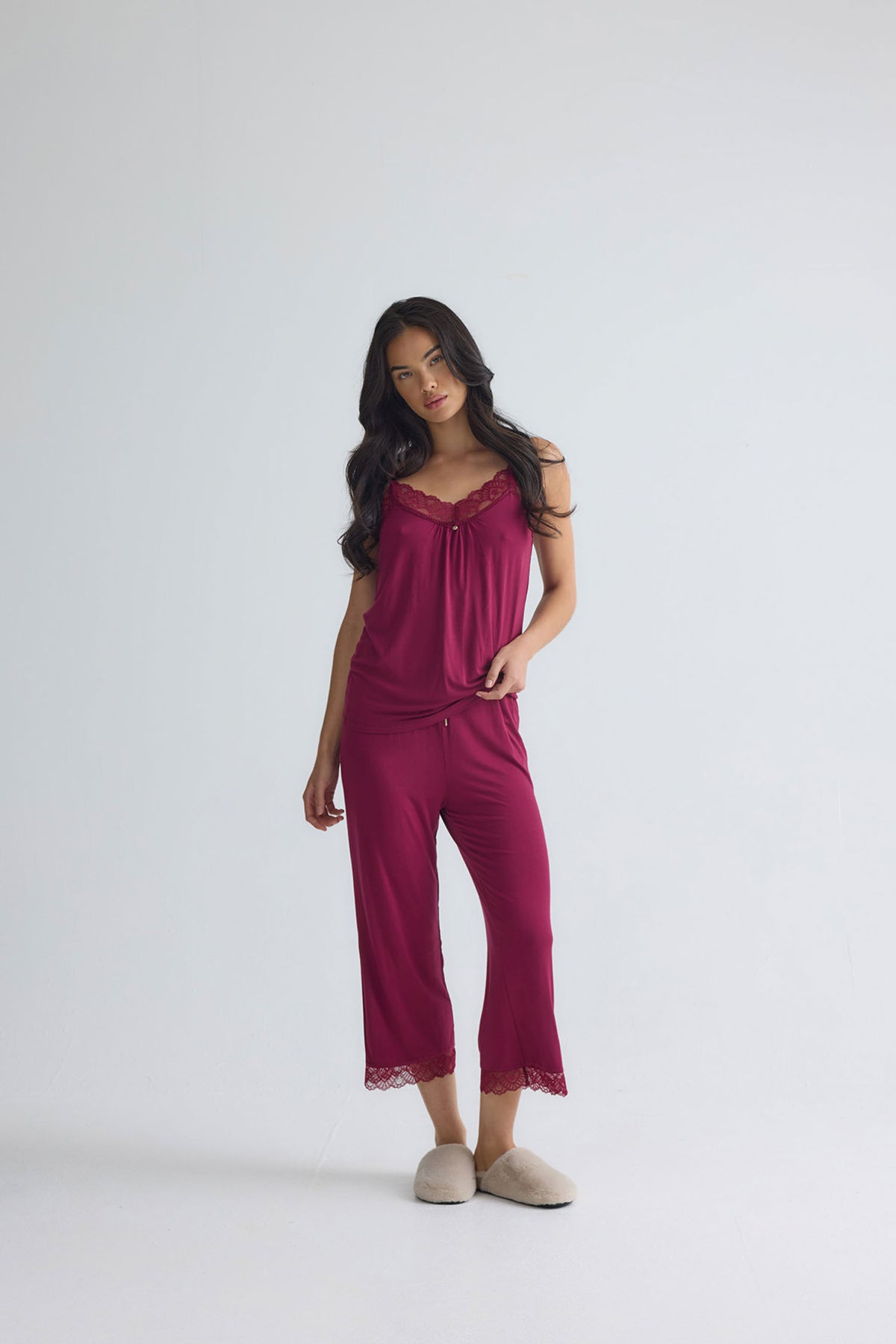 Bamboo Lace Cami Cropped Trouser Pyjama Set in Bordeaux