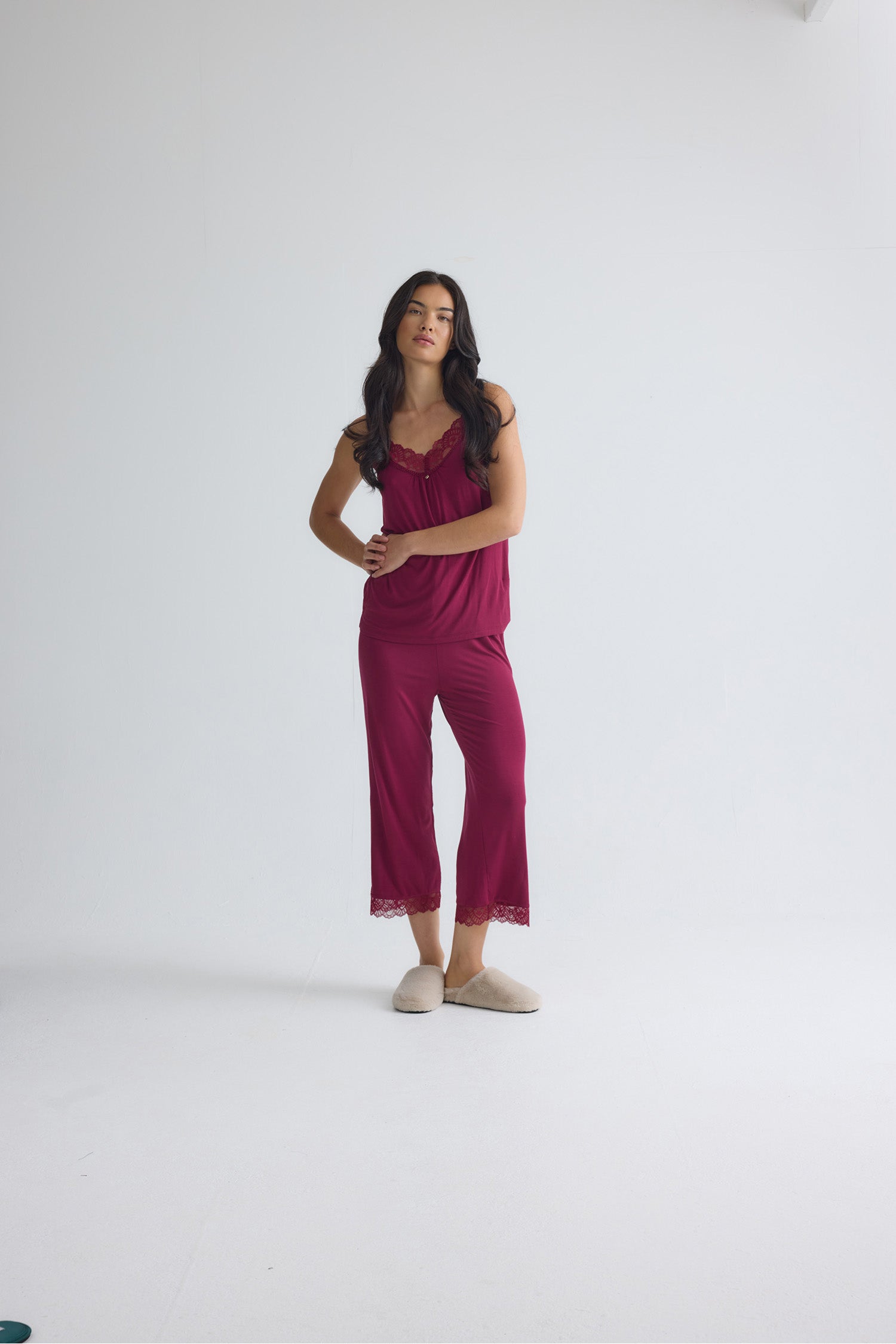 Bamboo Lace Cami Cropped Trouser Pyjama Set in Bordeaux
