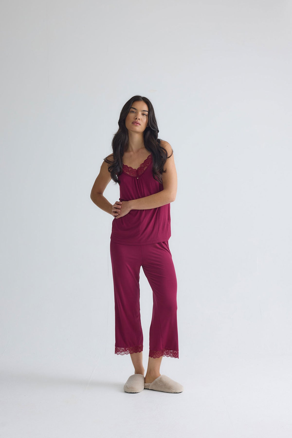 Bamboo Lace Cami Cropped Trouser Pyjama Set in Bordeaux