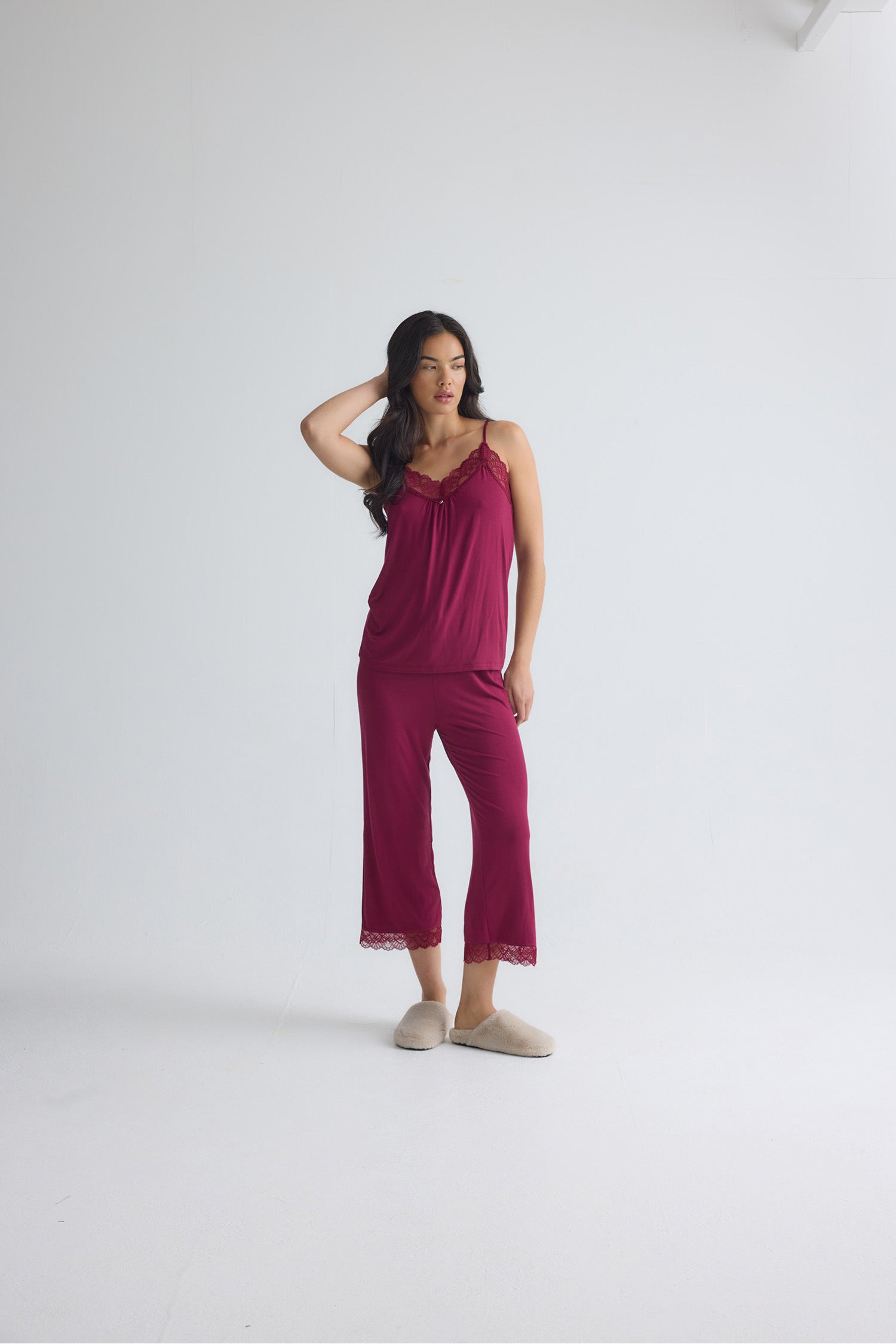 Bamboo Lace Cami Cropped Trouser Pyjama Set in Bordeaux