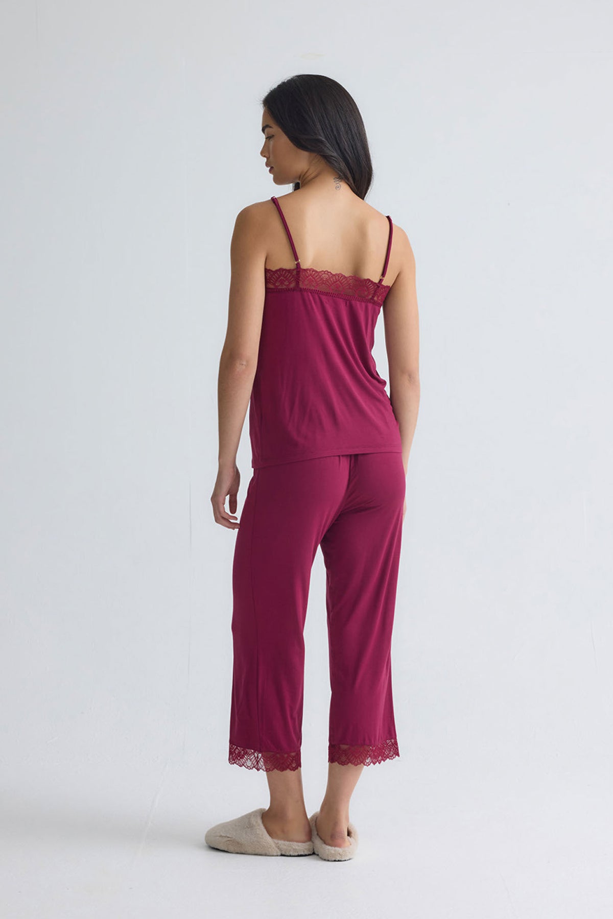 Bamboo Lace Cami Cropped Trouser Pyjama Set in Bordeaux