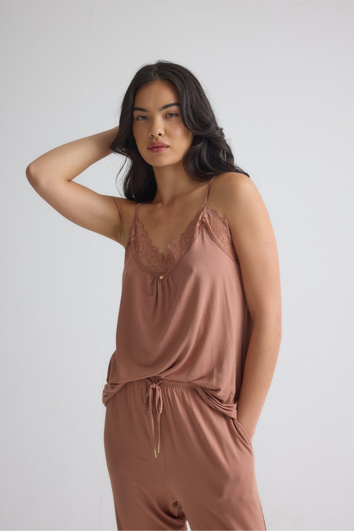 Bamboo Lace Cami Cropped Trouser Pyjama Set in Mocha