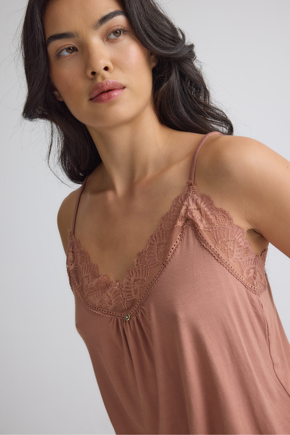 Bamboo Lace Cami Cropped Trouser Pyjama Set in Mocha