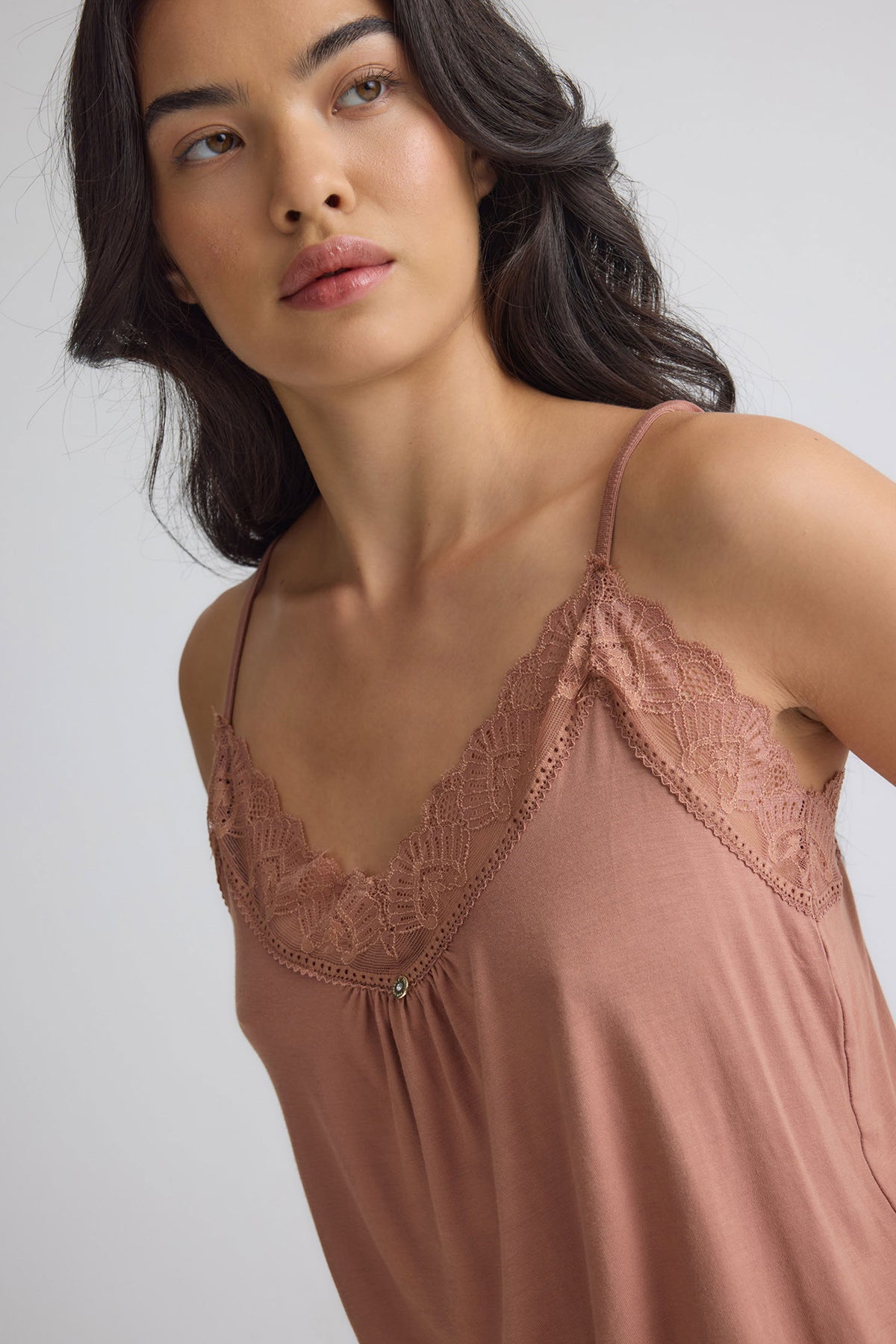 Bamboo Lace Cami Cropped Trouser Pyjama Set in Mocha