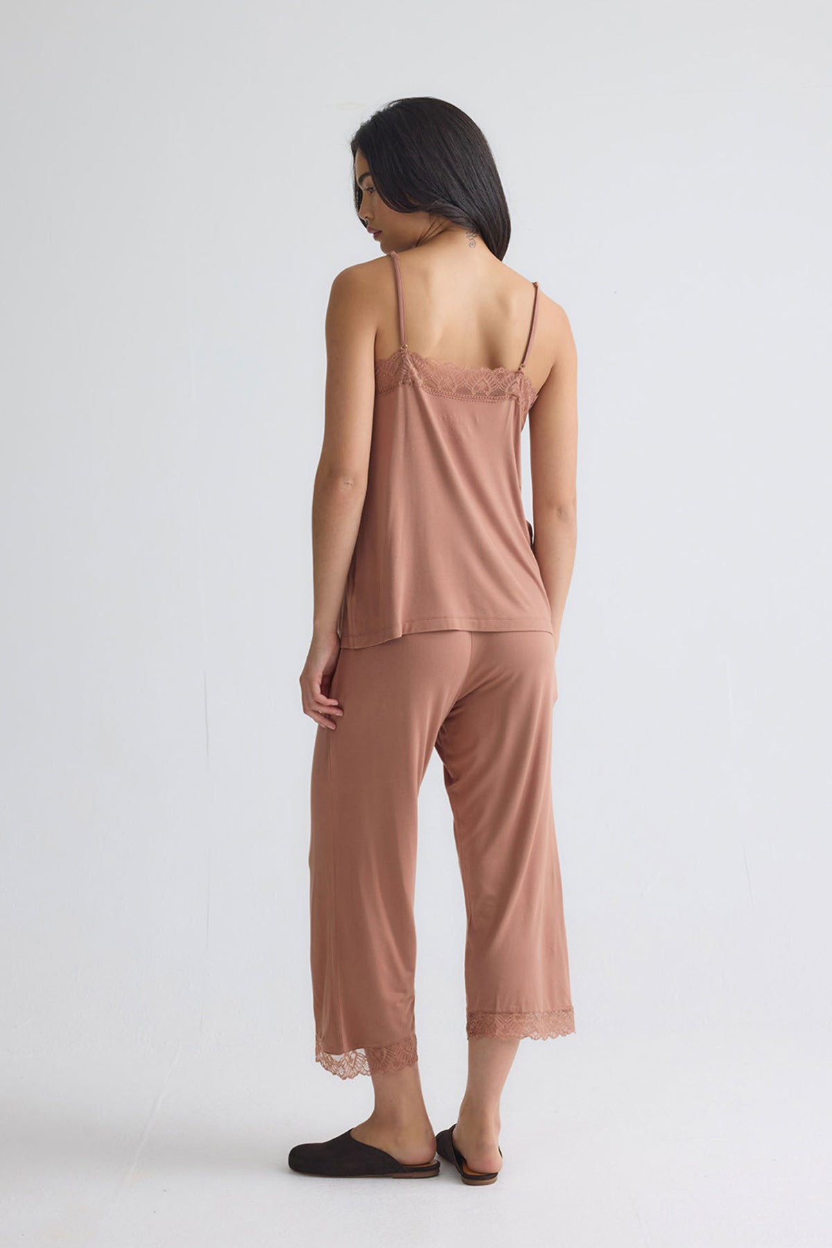 Bamboo Lace Cami Cropped Trouser Pyjama Set in Mocha