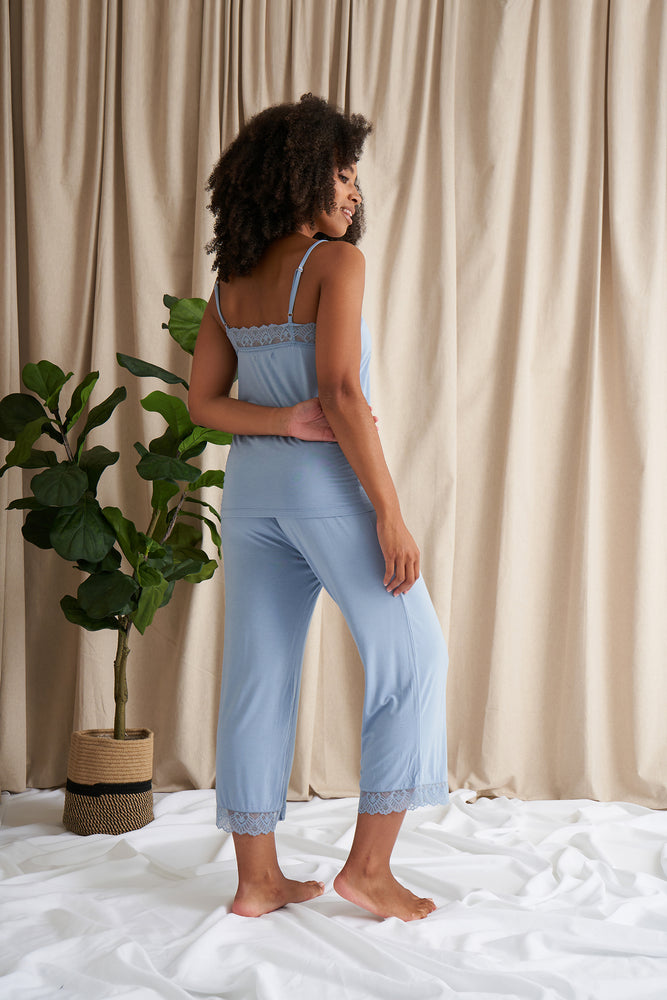 
                  
                    Bamboo Lace Cami Cropped Trouser Pajama Set in Blue Mist
                  
                