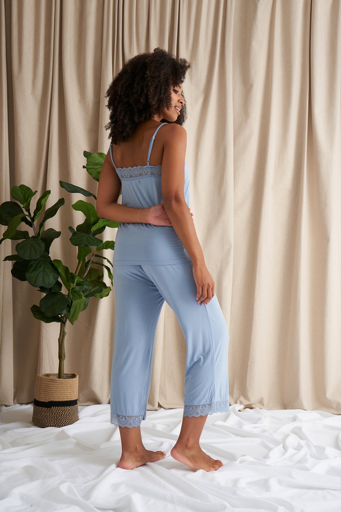 
                  
                    Bamboo Lace Cami Cropped Trouser Pyjama Set in Blue Mist
                  
                