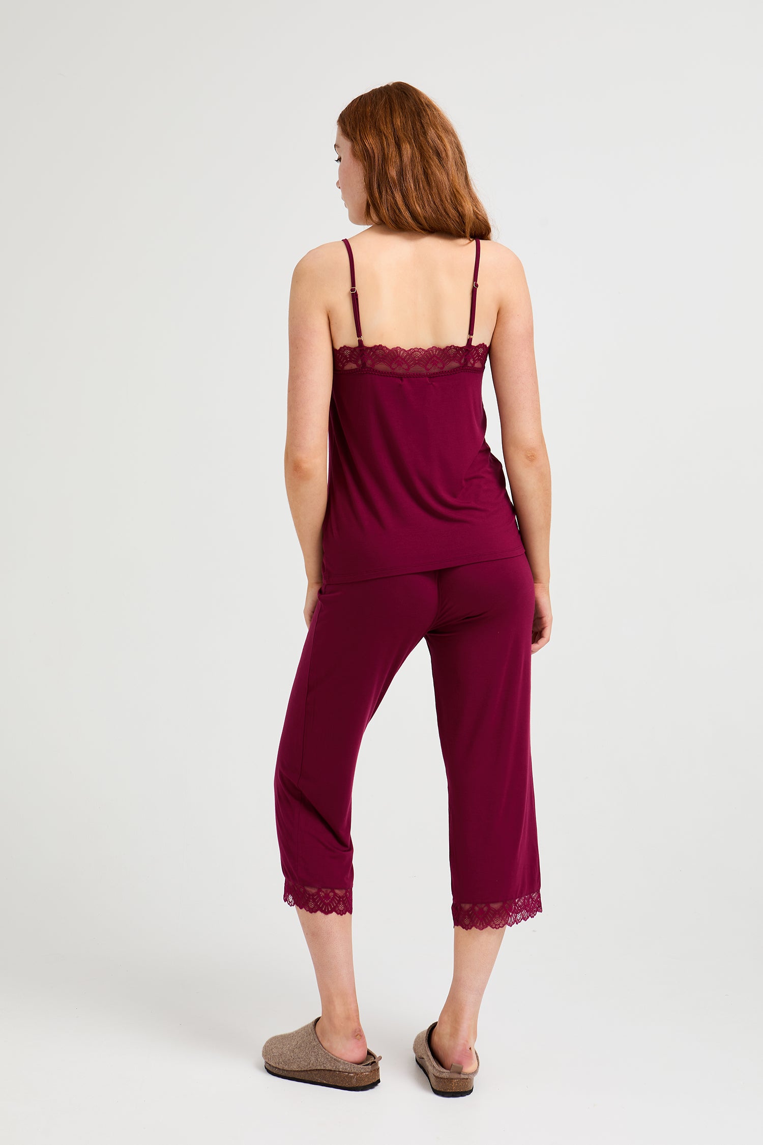 Bamboo Lace Cami Cropped Trouser Pyjama Set in Bordeaux