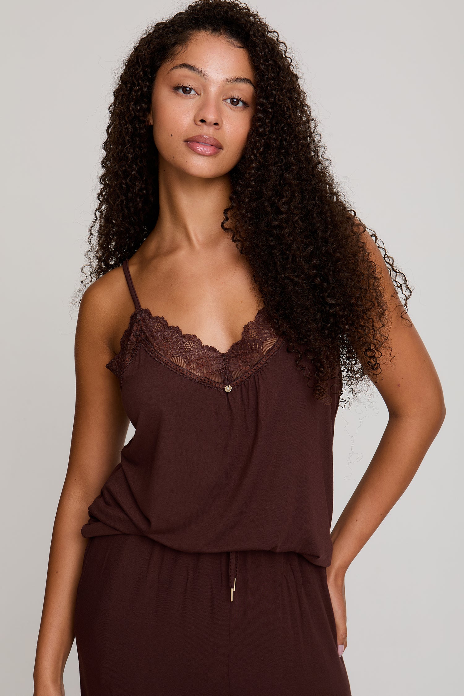 Bamboo Lace Cami Cropped Trouser Pyjama Set in Chocolate