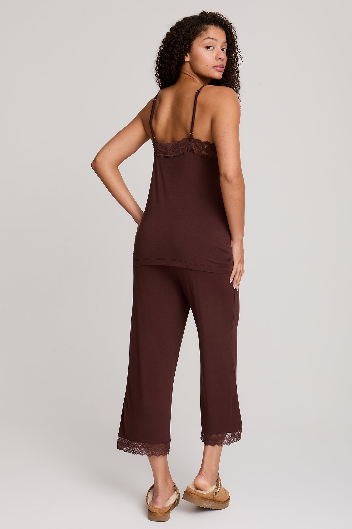 Bamboo Lace Cami Cropped Trouser Pyjama Set in Chocolate