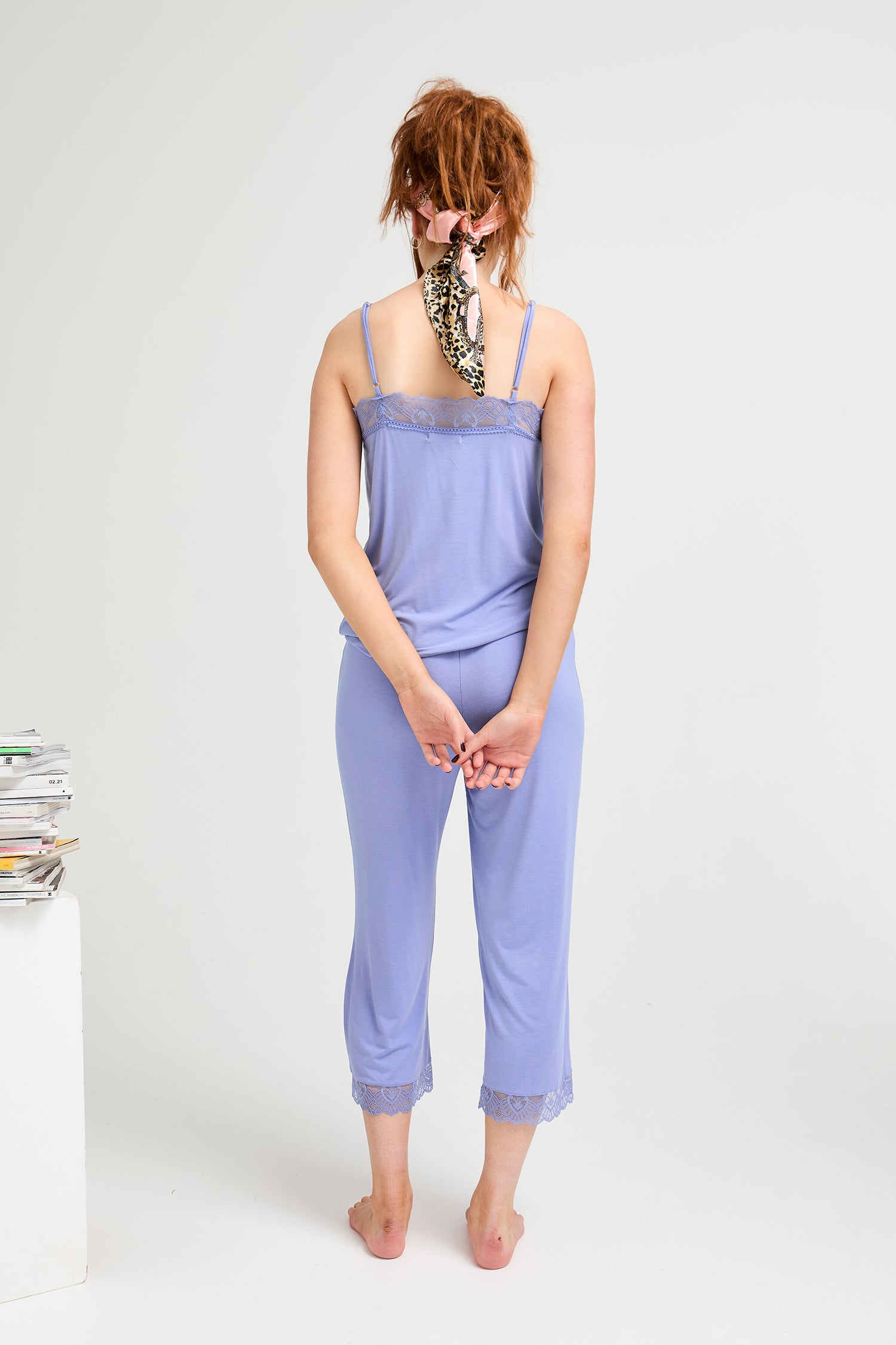 Bamboo Lace Cami Cropped Trouser Pajama Set in Heather