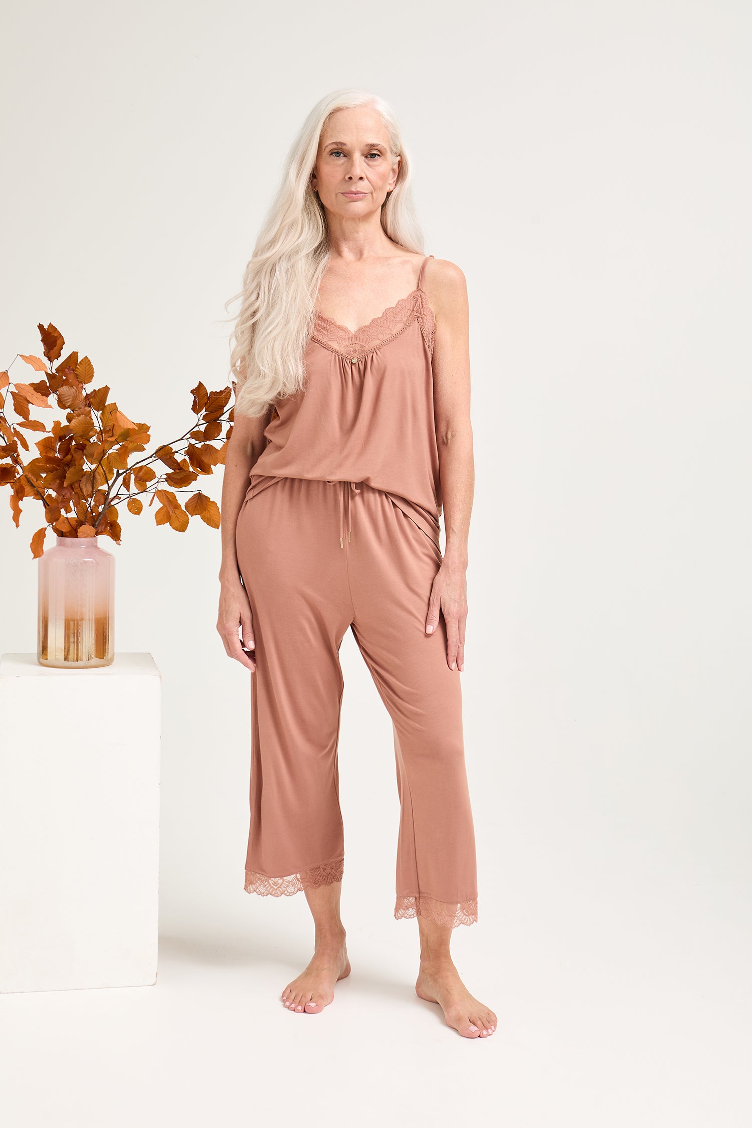 Bamboo Lace Cami Cropped Trouser Pyjama Set in Mocha