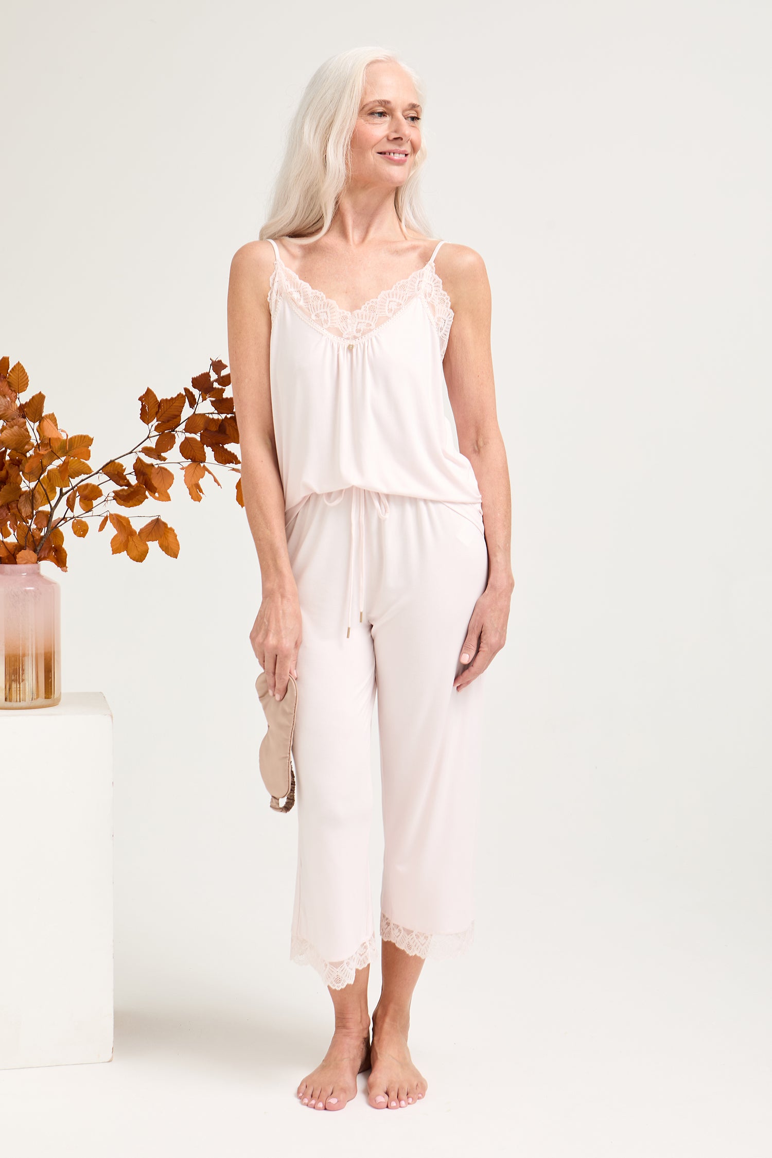 Bamboo Lace Cami Cropped Trouser Pyjama Set in Powder Puff