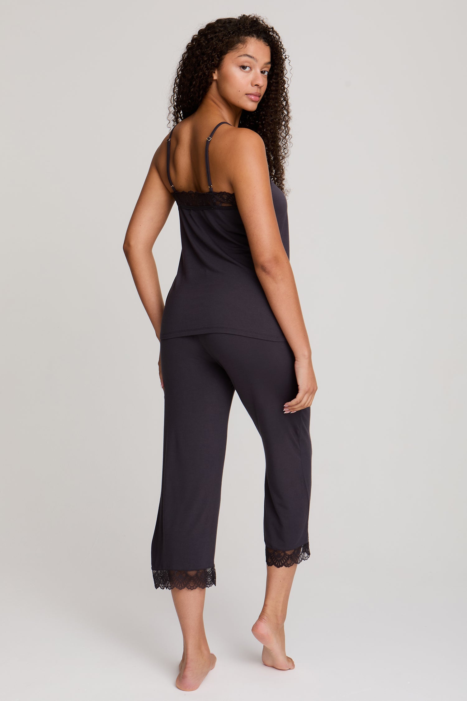 Bamboo Lace Cami Cropped Trouser Pyjama Set in Raven