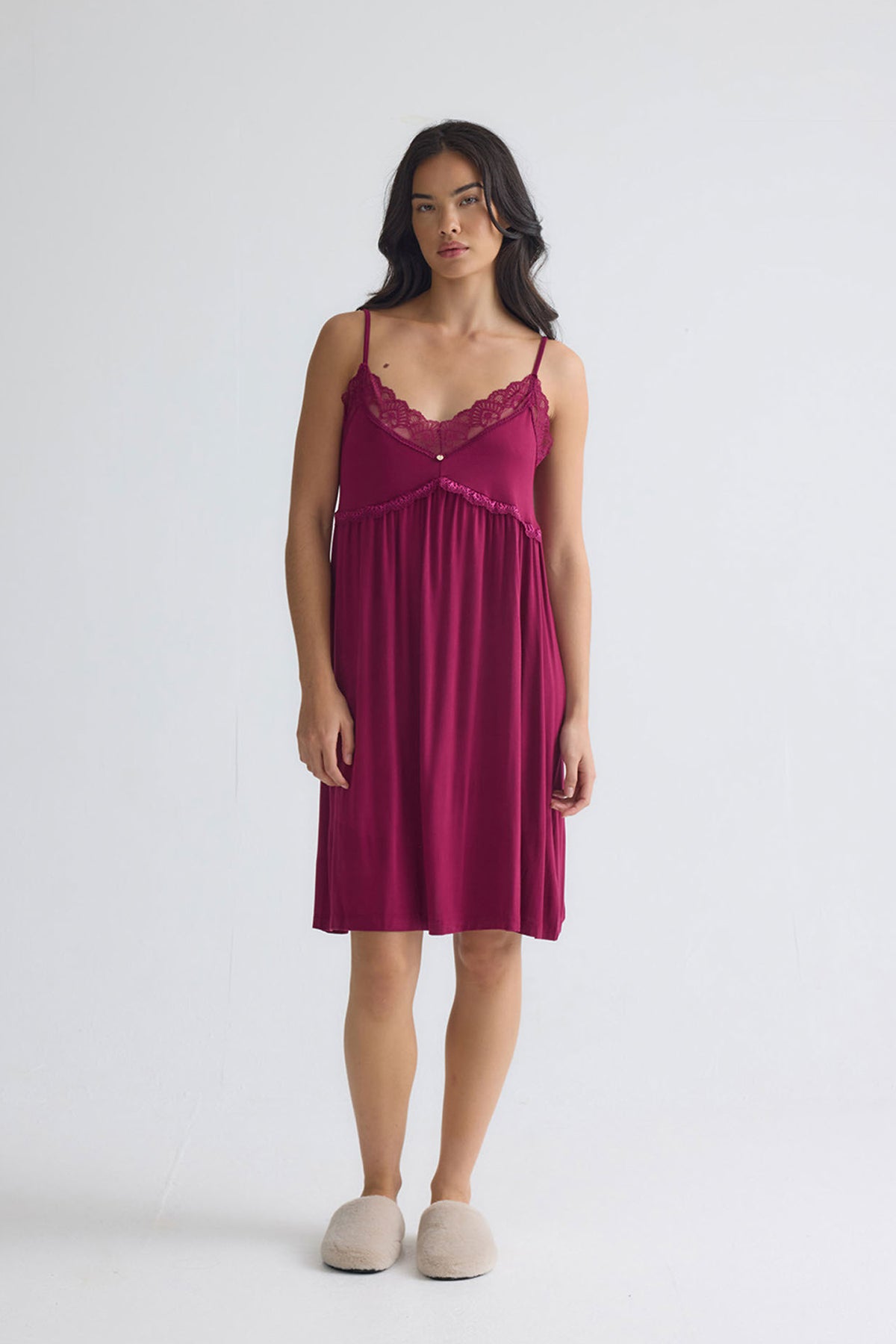 Bamboo Lace Chemise Nightdress in Bordeaux