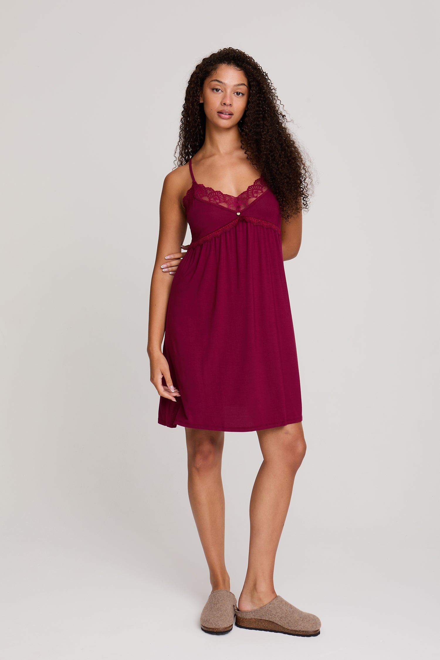 Bamboo Lace Chemise Nightdress in Bordeaux