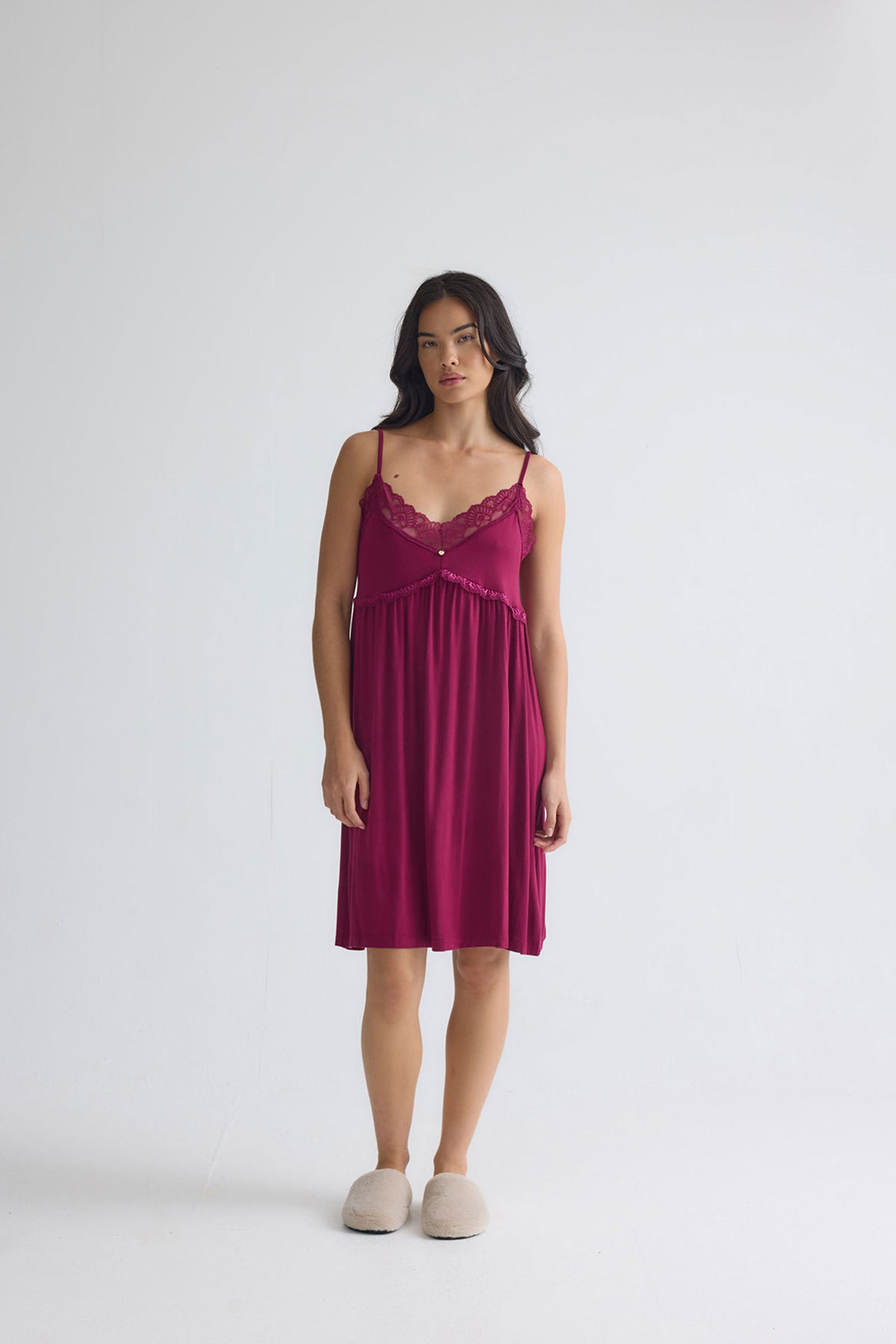 Bamboo Lace Chemise Nightdress in Bordeaux