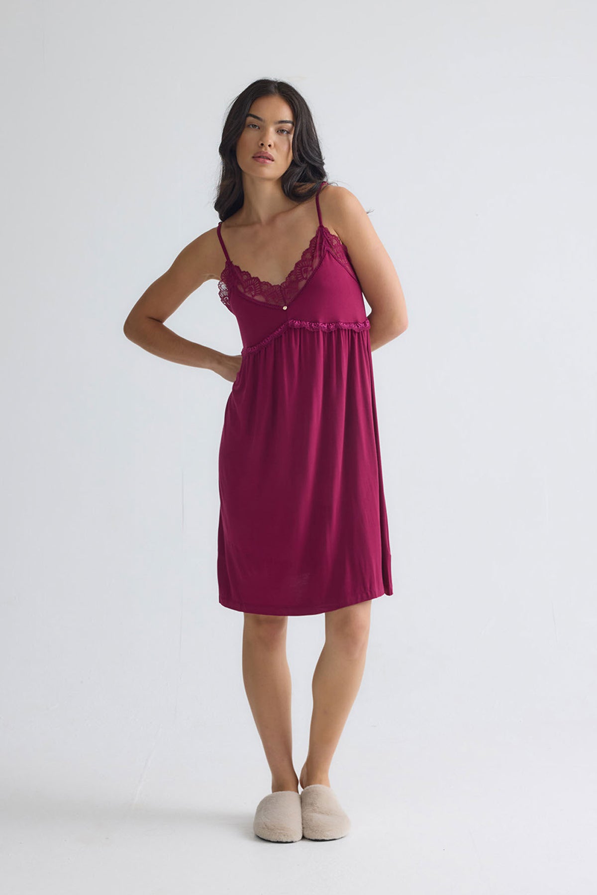 Bamboo Lace Chemise Nightdress in Bordeaux