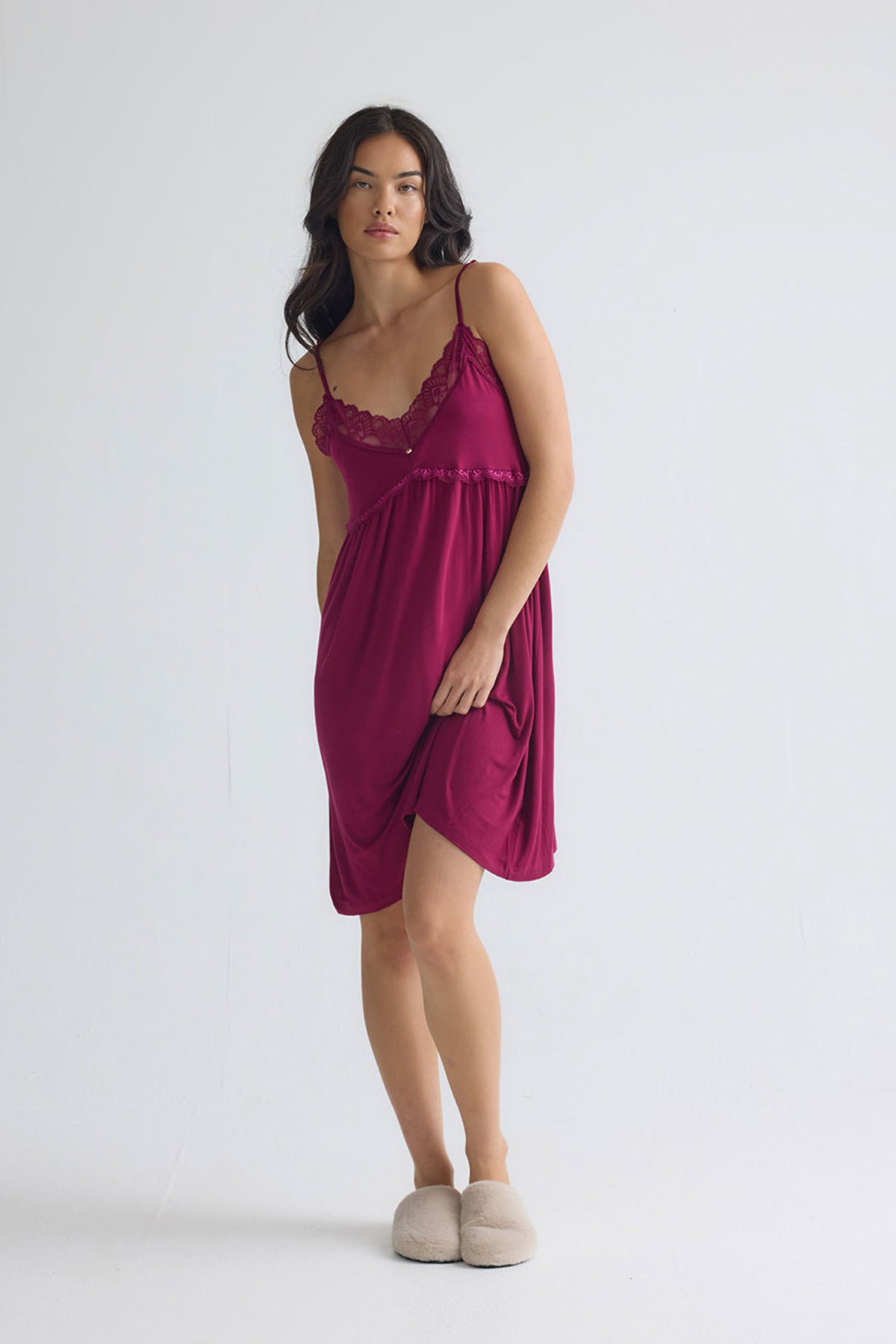 Bamboo Lace Chemise Nightdress in Bordeaux