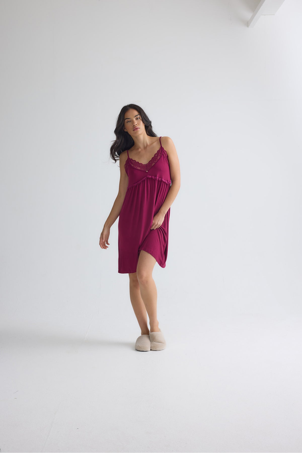 Bamboo Lace Chemise Nightdress in Bordeaux