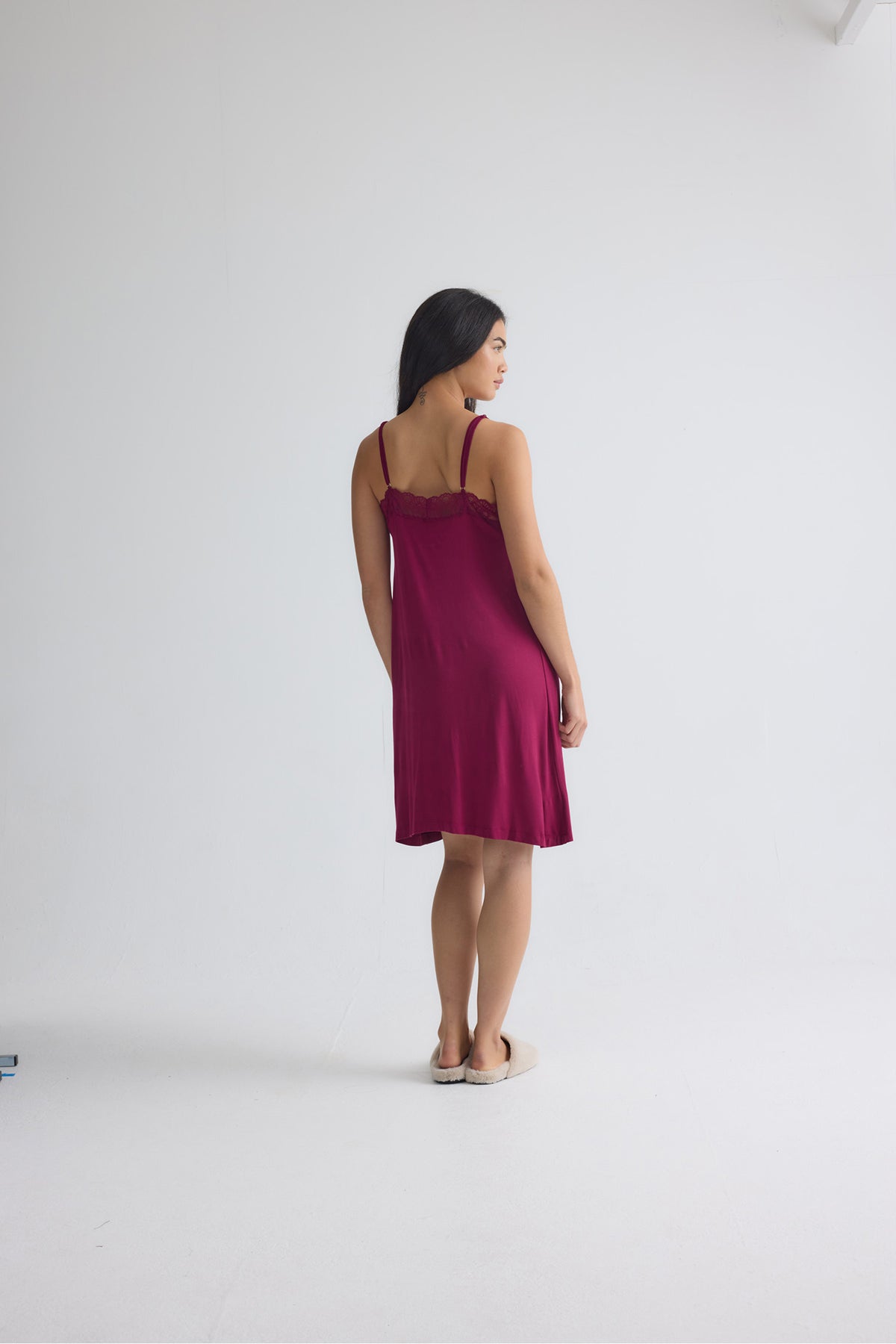 Bamboo Lace Chemise Nightdress in Bordeaux