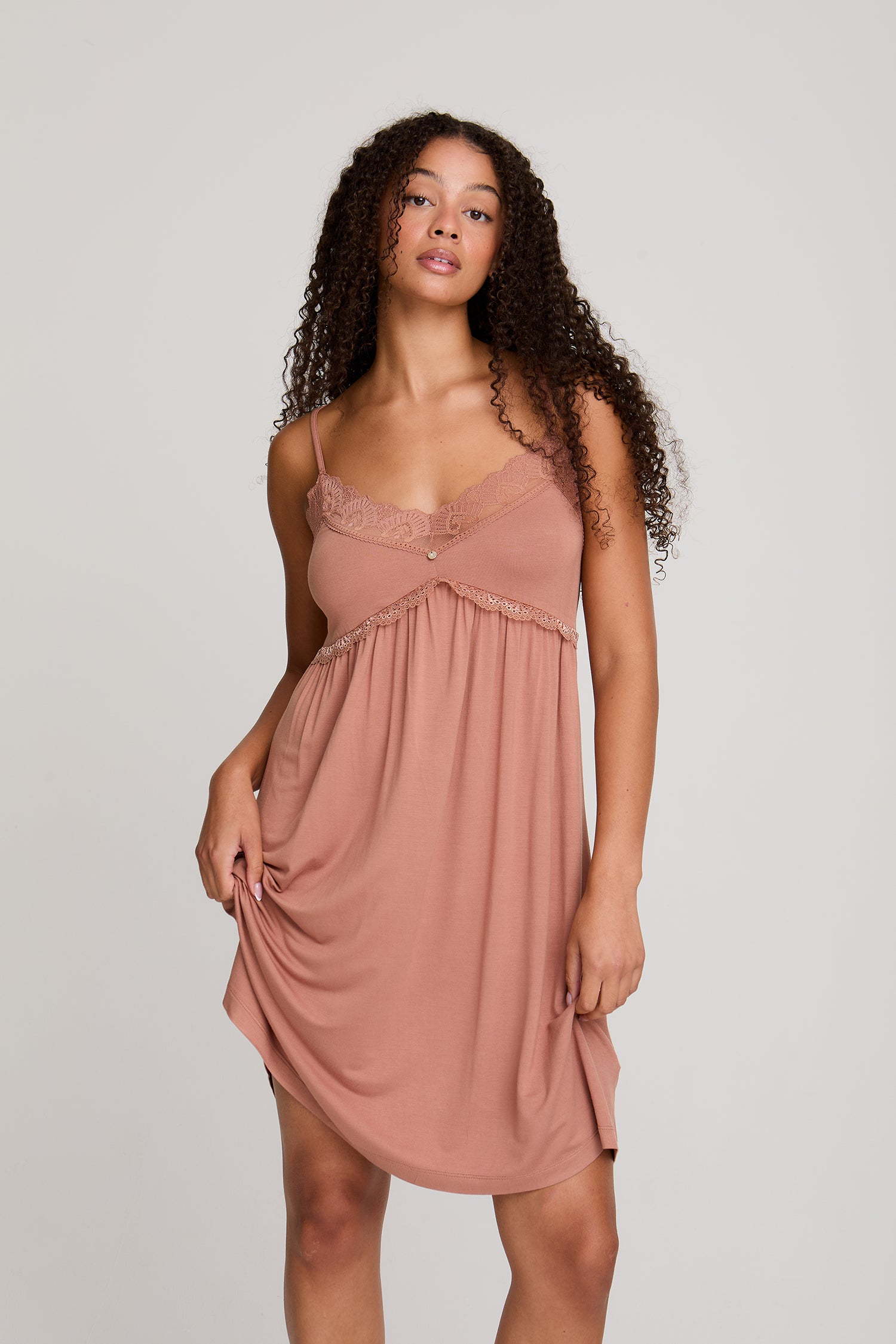 Bamboo Lace Chemise Nightdress in Mocha