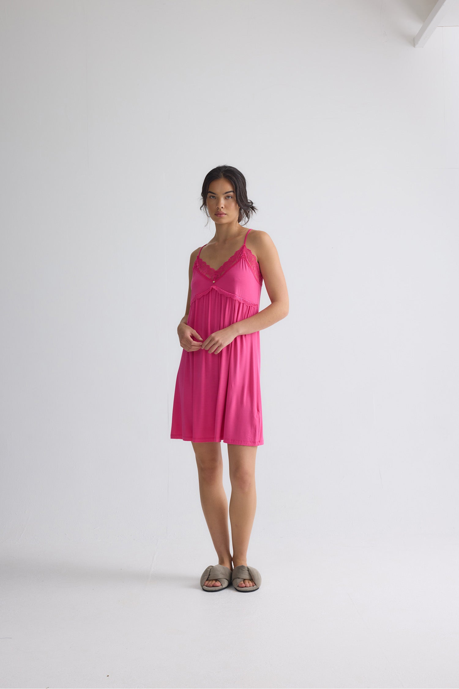 Bamboo Lace Chemise Nightdress in Raspberry