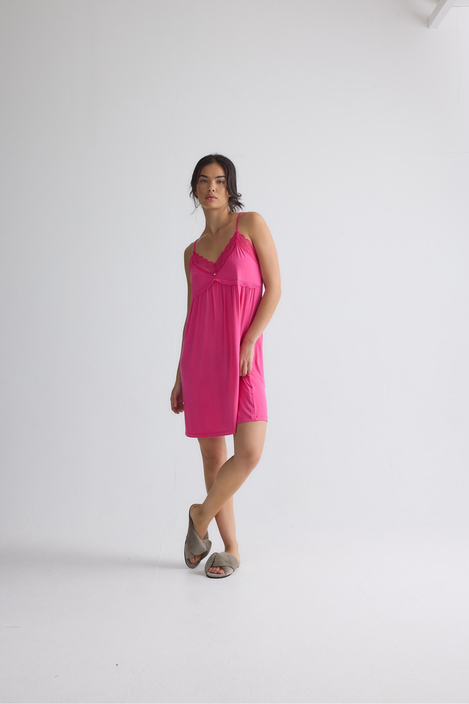Bamboo Lace Chemise Nightdress in Raspberry