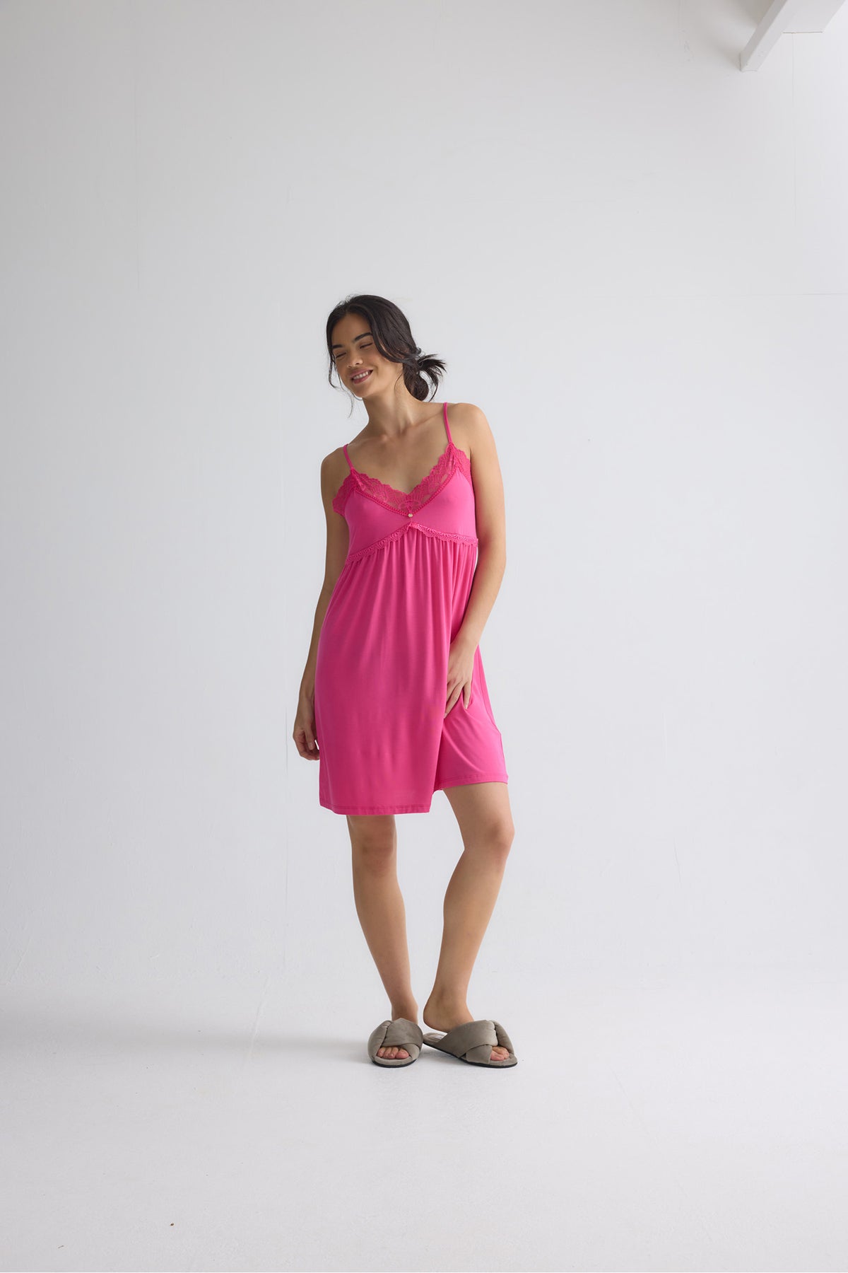 Bamboo Lace Chemise Nightdress in Raspberry