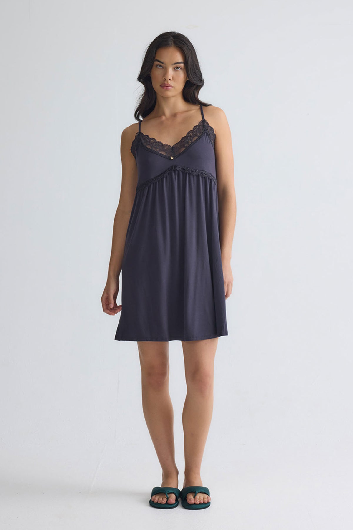 Bamboo Lace Chemise Nightdress in Raven