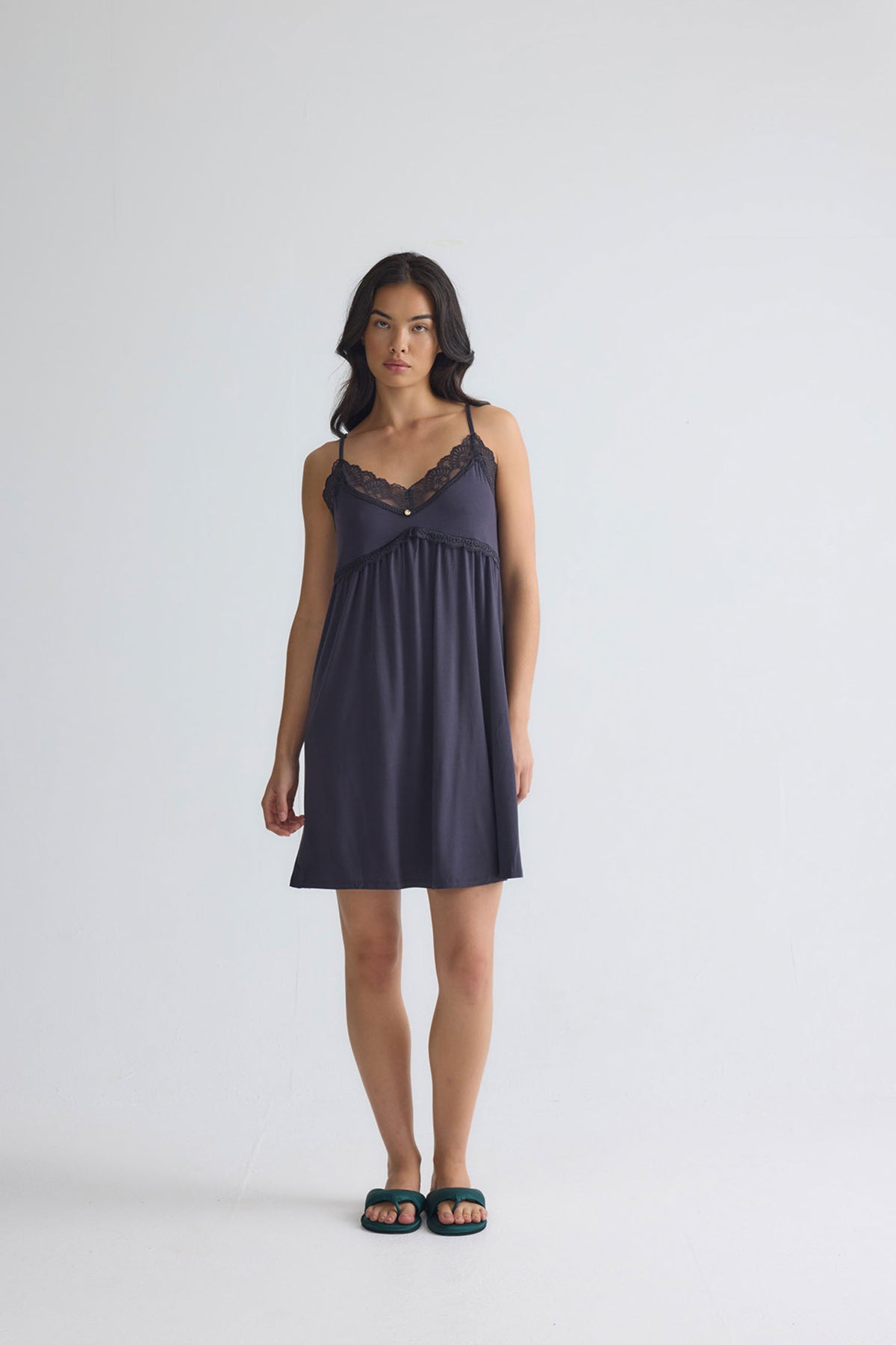 Bamboo Lace Chemise Nightdress in Raven