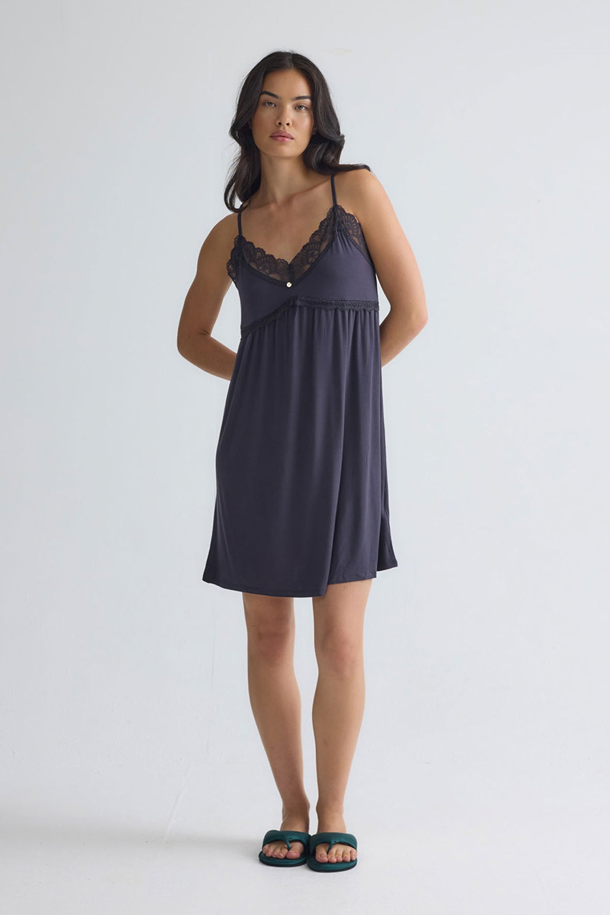 Bamboo Lace Chemise Nightdress in Raven